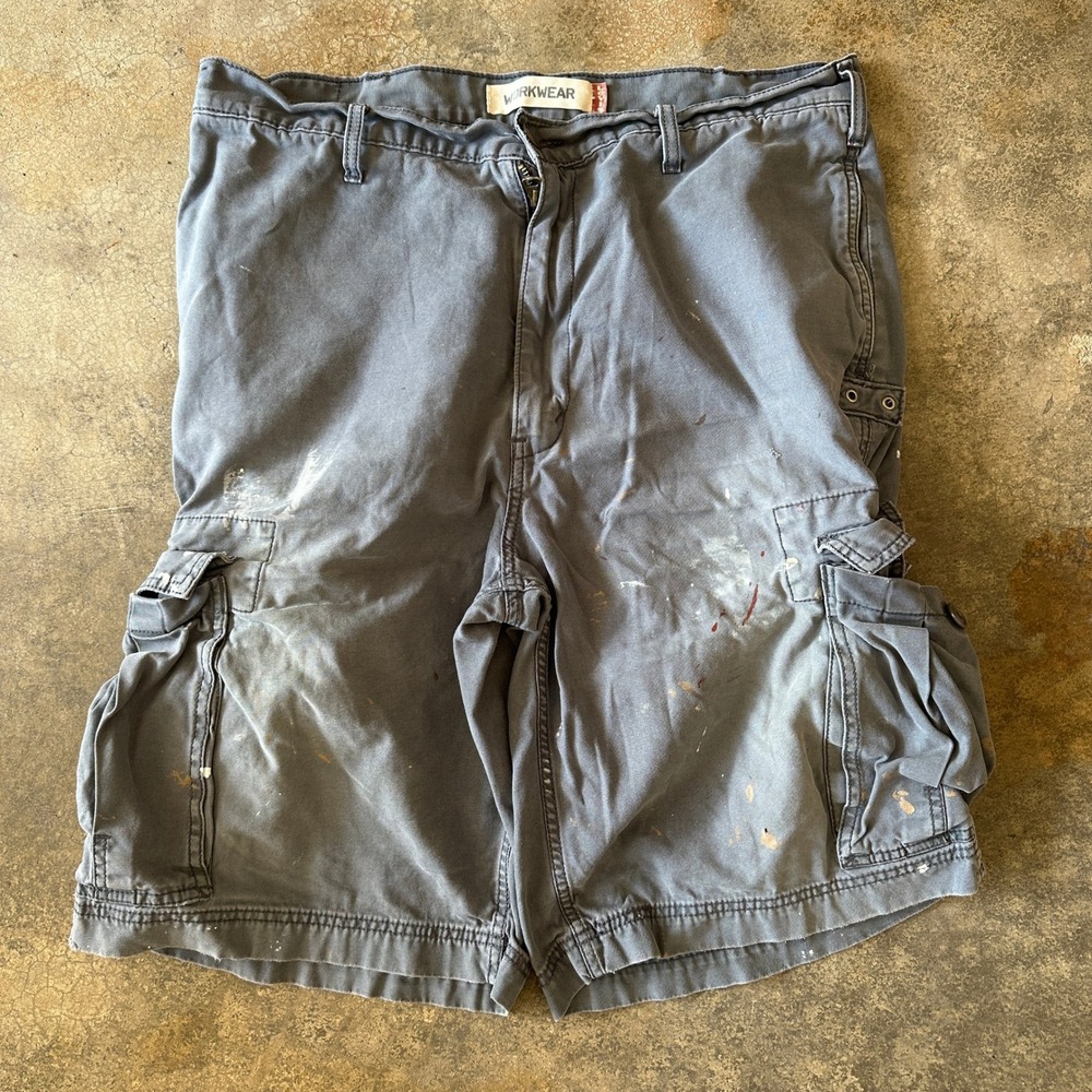 Thrashed Paint Levi's Workwear Cargo Shorts Mens‎ W36 Gray Cotton Blend Utility